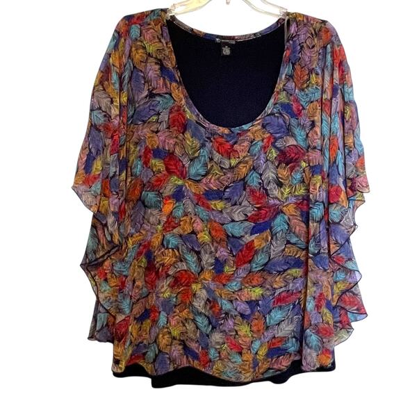 New Directions Woman Kaftan Top Womens Size 1X Multicolor Feather Print Cape - Picture 1 of 6